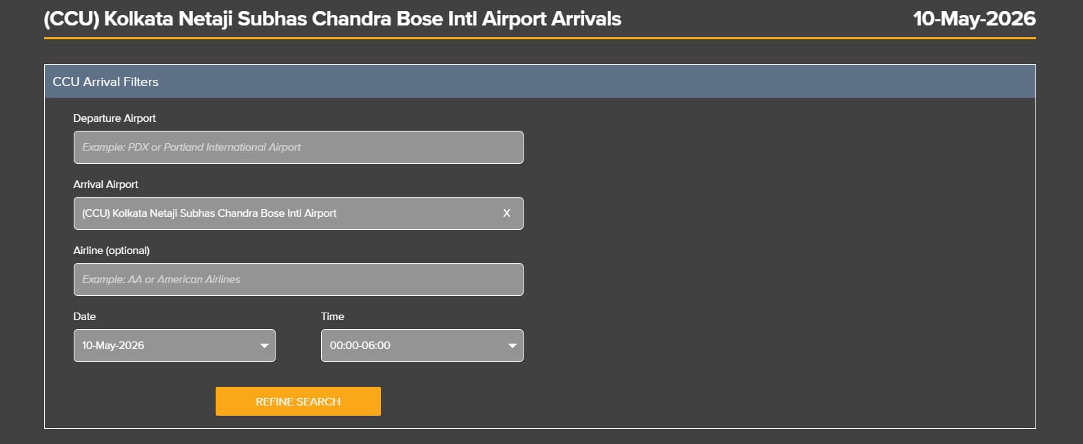FlightStats flight arrival search filter form for Kolkata Netaji Subhas Chandra Bose International Airport.