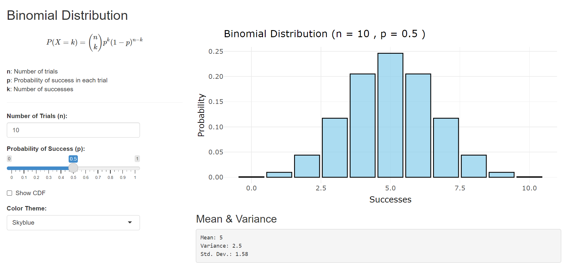 Graph of a Binomial Distribution with n=10 and p=0.5, showing the probability of k successes ranging from 0 to 10