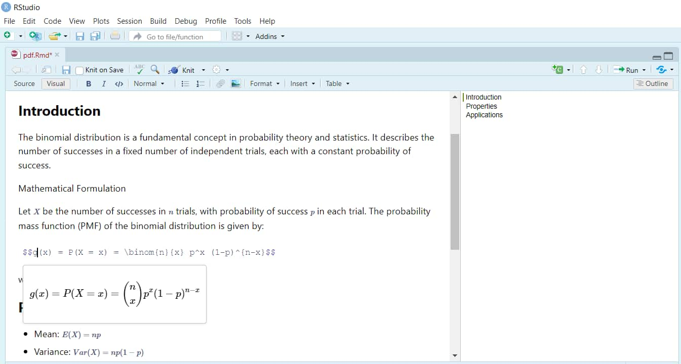 R Markdown Visual editor for latex syntax for pdf of binomial equation