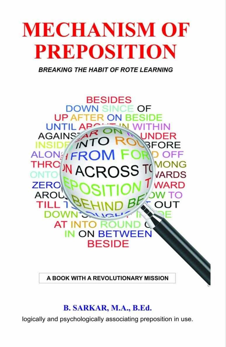 Cover of Mechanism of Preposition by Bapi Sarkar, featuring a magnifying glass and preposition words, promoting a logical approach to learning prepositions.