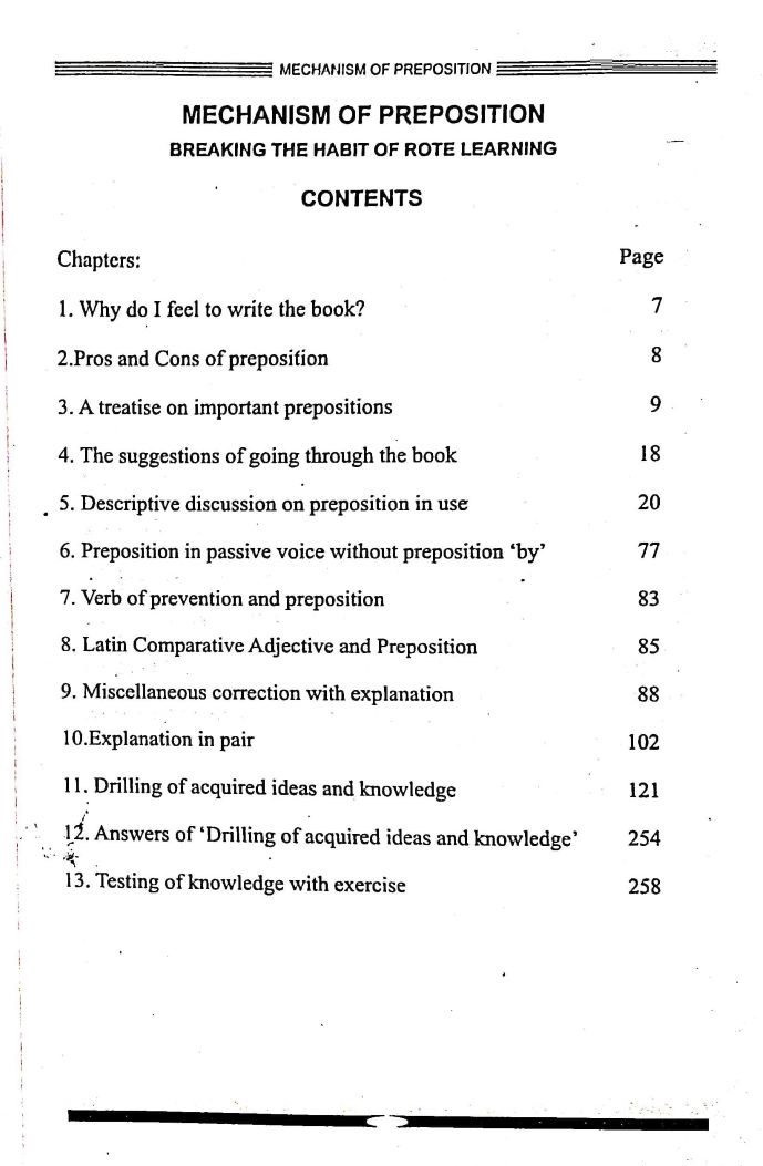 List of chapters in the book Mechanism of Preposition including topics such as passive voice, Latin influences, and basic usage, designed for logical learning of prepositions.