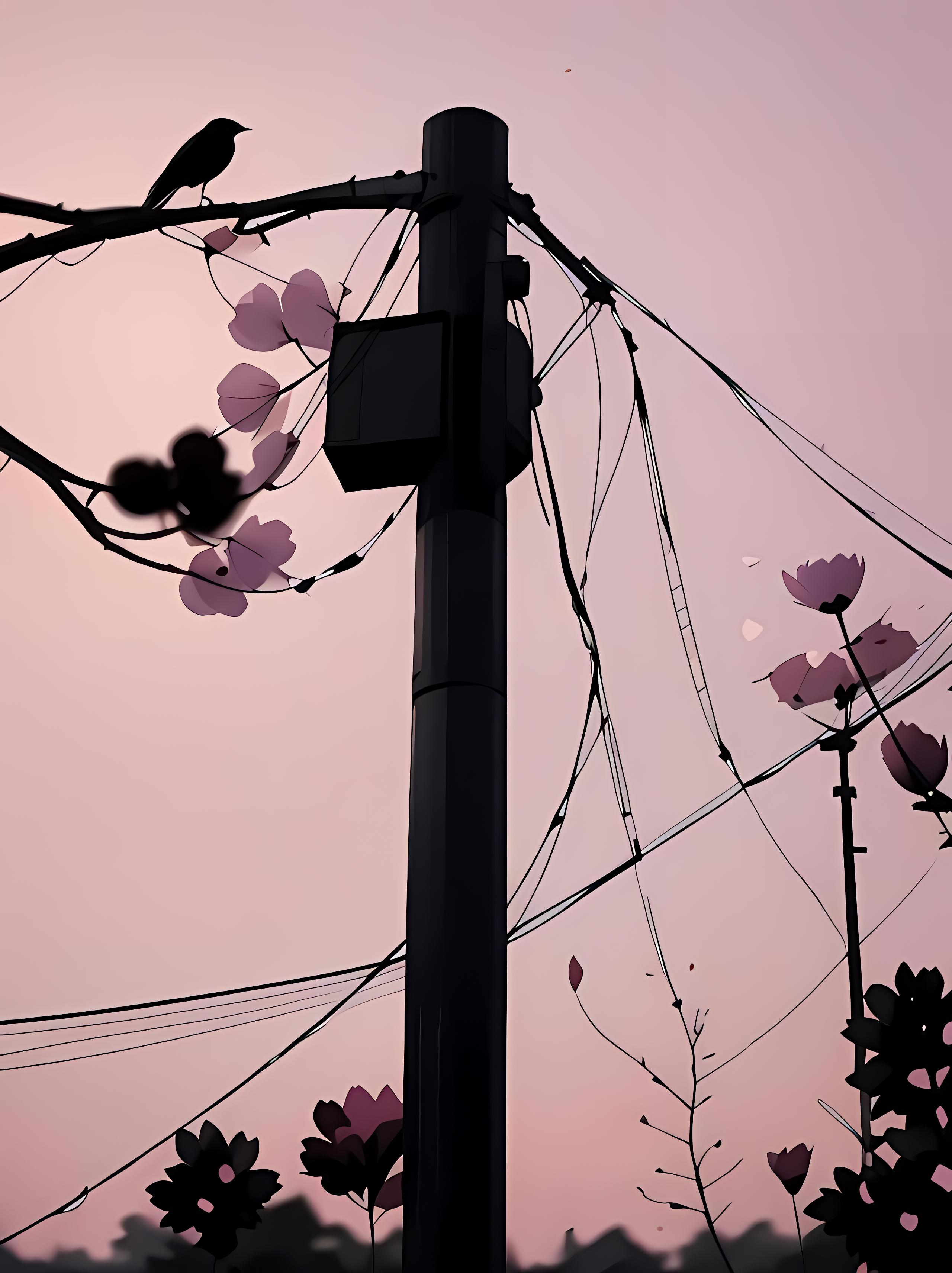 A black bird perched on a wire against a pastel pink sky with silhouetted flowers and a utility pole