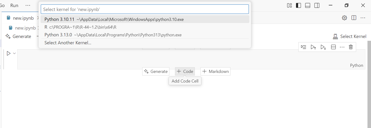 Jupyter Notebook kernel selection menu