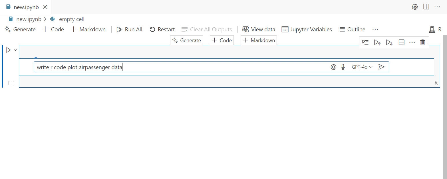 Jupyter Notebook with an R code prompt text "write r code plot airpassenger data".