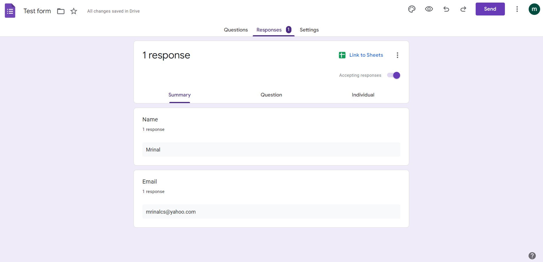 Google form responses page