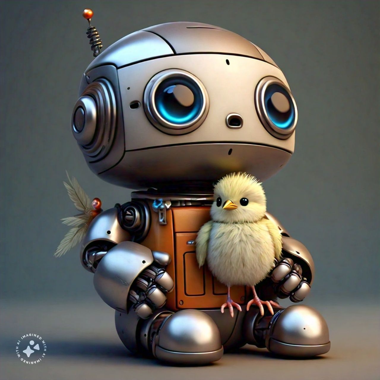 tiny robot with bird in hand