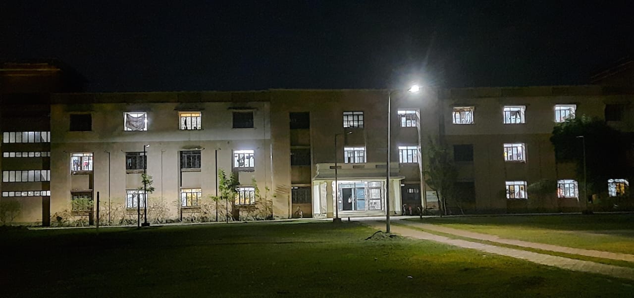 hostel building at night